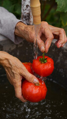 an elderly woman washes a tomato crop in her hands in the backyard in the home garden. close-up hands, water drops, concept of organic farming, home vegetable garden, clean food and farming