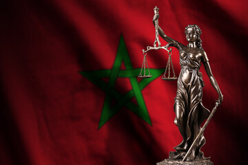 Morocco flag with statue of lady justice and judicial scales in dark room. Concept of judgement and...