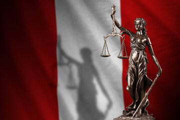 Peru flag with statue of lady justice and judicial scales in dark room. Concept of judgement and...