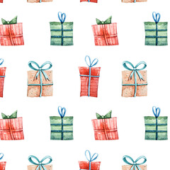 Watercolor cute kids gift boxes illustrations seamless pattern on white background. Hand painted New Year illustrations. Textile pattern, fabric print, wrapping paper