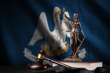 Louisiana US state flag with statue of lady justice, constitution and judge hammer on black...