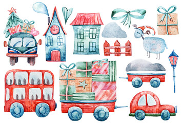 Watercolor cute hand painted Christmas clipart set for greeting cards, poster, prints, sublimation.  Winter town illustration on white background. Happy New year. Merry Christmas card