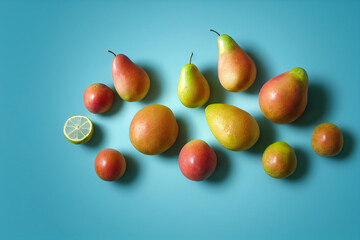 Fruit composition on blue background. Fruit lying on the surface. Image with fruit for creativity and advertising.