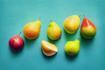 Fruit composition on blue background. Sliced pears lying on the surface.