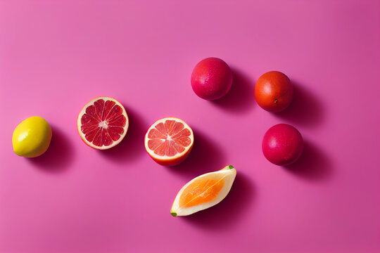 Fruit composition on pink background. Sliced grapefruit, tangerines lying on surface. Image with fruit for creativity and advertising.