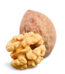 Collection of Walnut and a cracked walnut isolated on the white background