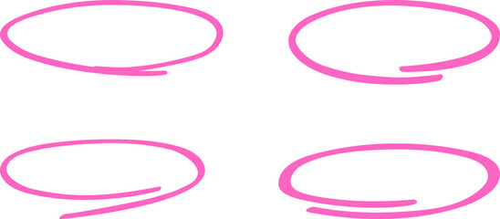 Pink circle, pen draw set. Highlight hand drawing different circles isolated on background. Handwritten pink circle. For marking text, numbers, marker pen, pencil and text check, vector illustration