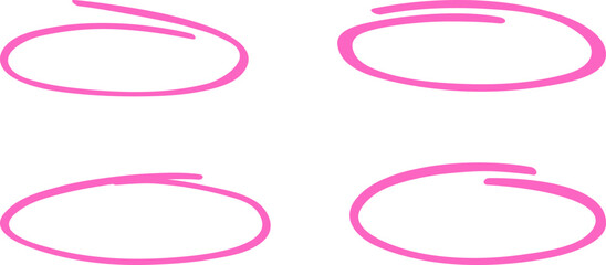Pink circle, pen draw set. Highlight hand drawing different circles isolated on background. Handwritten pink circle. For marking text, numbers, marker pen, pencil and text check, vector illustration