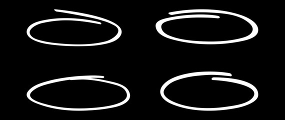 White circle, pen draw set. Highlight hand drawing different circles isolated on background. Handwritten white circle. For marking text, numbers, marker pen, pencil and text check, vector illustration