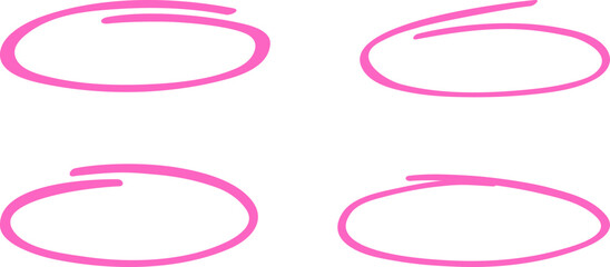 Pink circle, pen draw set. Highlight hand drawing different circles isolated on background. Handwritten pink circle. For marking text, numbers, marker pen, pencil and text check, vector illustration