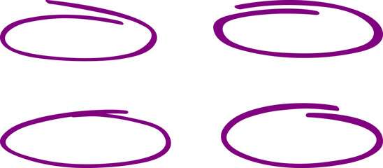 Purple circle, pen draw set. Highlight hand drawing different circles isolated on background. Handwritten circle. For marking text, numbers, marker pen, pencil and text check, vector illustration