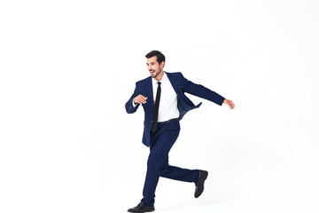Fototapeta premium Man business smile with teeth in costume running and jumping flying up open mouth happiness and surprise full-length on white isolated background copy space 