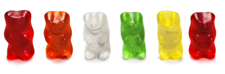 Childhood and jelly bears candies isolated on white background