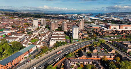 Aerial Photo of The Divis high rise flats Belfast Northern Ireland - obrazy, fototapety, plakaty