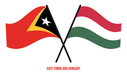 East Timor and Hungary Flags Crossed And Waving Flat Style. Official Proportion. Correct Colors.