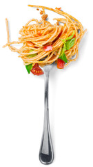 Spaghetti on fork with tomato sauce and parsley