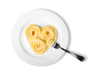 Spaghettin in heart shape isolated on white