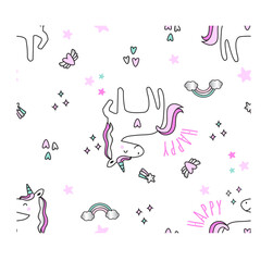 Cute unicorn with happy vibe, heart and rainbow