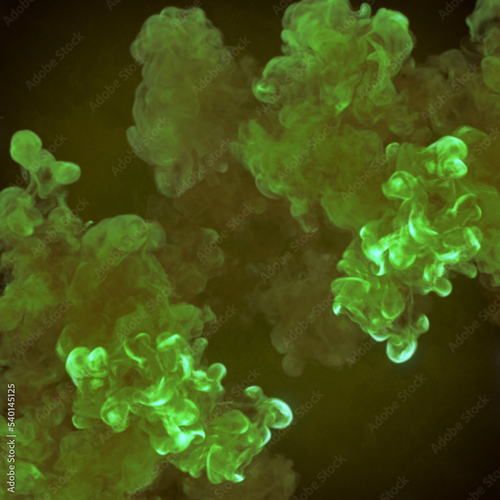 Poster explosion with green chemical smoke on dark background for graphic design. 3d rendering digital illu