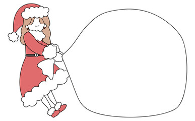 プレゼント袋を引っ張るサンタの衣装を着た女の子白