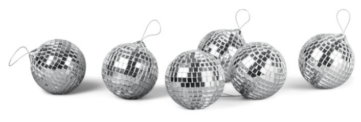 Silver disco mirror balls isolated on white background