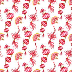 Watercolor illustration pattern elements of the oriental holiday. Lanterns, fan, keychain. Holiday, celebration, New Year. Ideal for t-shirts, cards, prints. Isolated on white background