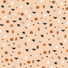 Halloween pumpkin, skull, cat, hat on orange background