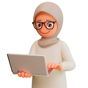 Young muslim woman holding laptop 3d cartoon illustration