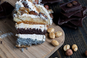 multi-layer cake with different layers, close up