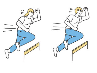 ハードルを飛ぶ男女(向上心、スポーツ、飛躍、努力)
a man and a woman who fly a hurdle.Improvement, sports, leaps, efforts.