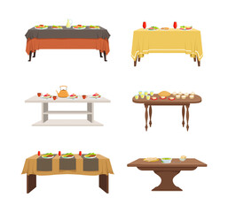 Tables Covered with Tablecloth and Served with Food Vector Set