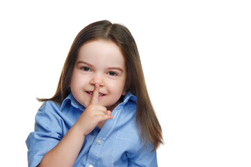 Brunette girl showing secret gesture against isolated on white