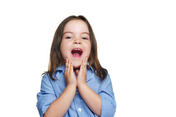 Screaming funny girl isolated on white