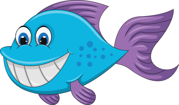 Blue Fish with purple fin and big teeth cartoon vector illustration