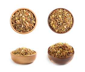 Traditional Christmas slavic dish kutia in bowls on white background, collage