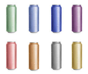 Set with different colorful aluminium cans of beverage on white background