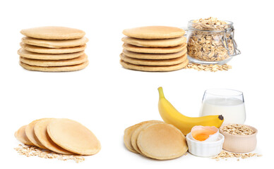 Set with tasty oatmeal pancakes on white background