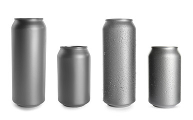 Set of aluminum drink cans, one with water drops on white background