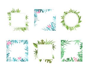 Square Frames with Green Leaves Around Border Vector Set