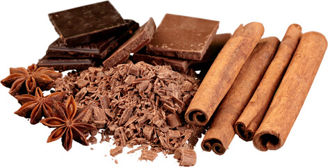 Grated Chocolate with  Cinnamon, Anise and Chocolate Blocks - Isolated