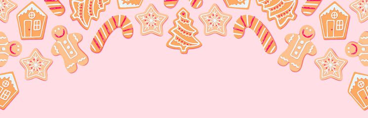 Horizontal banner of Christmas sugar cookies with red icing. xmas tree, star snowflake, candy cone, gingerbread house, ginger man cookie assortment. header, newsletter, poster, graphic illustration