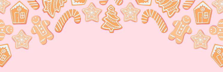 banner of flat lay Christmas sugar cookies with white icing. xmas tree, star snowflake, candy cone, gingerbread house, ginger man cookie assortment. header, newsletter, poster, graphic illustration