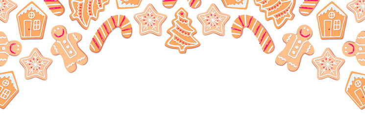 banner of flat lay Christmas sugar cookies with red icing on transparent background. xmas tree, star snowflake, candy cone, gingerbread house man. header, newsletter, poster, graphic illustration