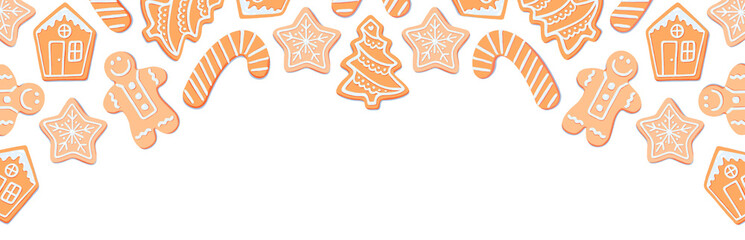 Horizontal banner of Christmas sugar cookies with white icing on transparent background. xmas tree, star snowflake, candy cone, gingerbread house man. header, newsletter, poster, graphic illustration