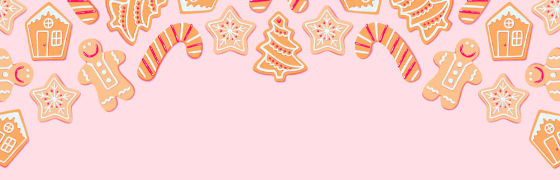Horizontal banner of Christmas sugar cookies with red icing. xmas tree, star snowflake, candy cone, gingerbread house, ginger man cookie assortment. header, newsletter, poster, graphic illustration