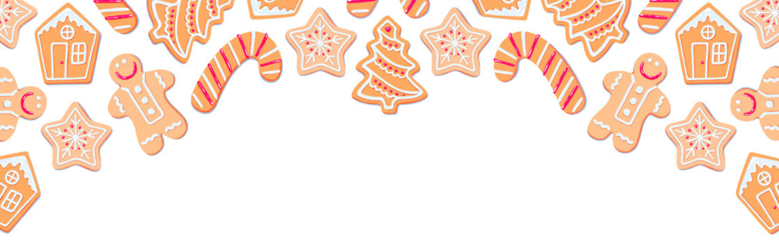 banner of flat lay Christmas sugar cookies with red icing on transparent background. xmas tree, star snowflake, candy cone, gingerbread house man. header, newsletter, poster, graphic illustration