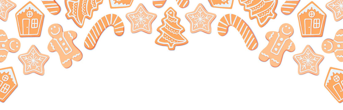 Horizontal banner of Christmas sugar cookies with white icing on transparent background. xmas tree, star snowflake, candy cone, gingerbread house man. header, newsletter, poster, graphic illustration