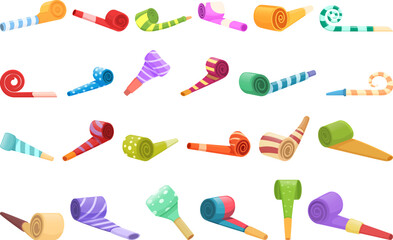 Party blower icons set cartoon vector. Horn birthday. Happy celebration