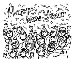 Group of crowds of people celebrate the New Years holidays party. Black and white drawing.