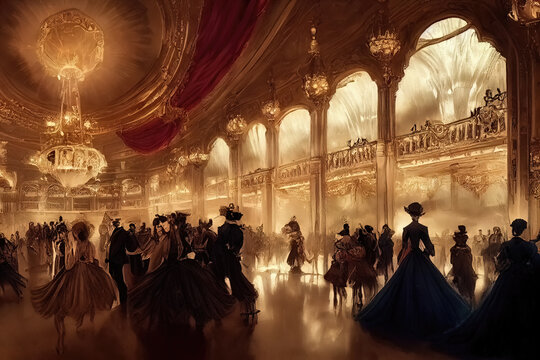 Historical recreation painting of medieval costume ball inside grand palace. Interior of ballroom in an aristocratic, royal party with silhouettes of people dressed in long dresses in victorian art.